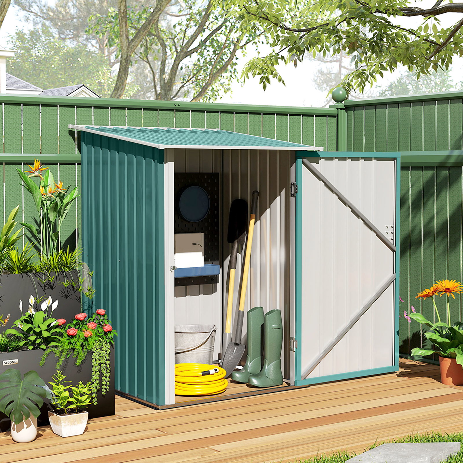 Abrigo de jardim de aço galvanizado com porta fechadura e teto inclinado 0,92 m² 100x103x160cm verde