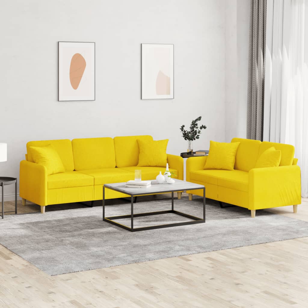 2 Pcs conjunto de sofás com almofadas tecido amarelo-claro