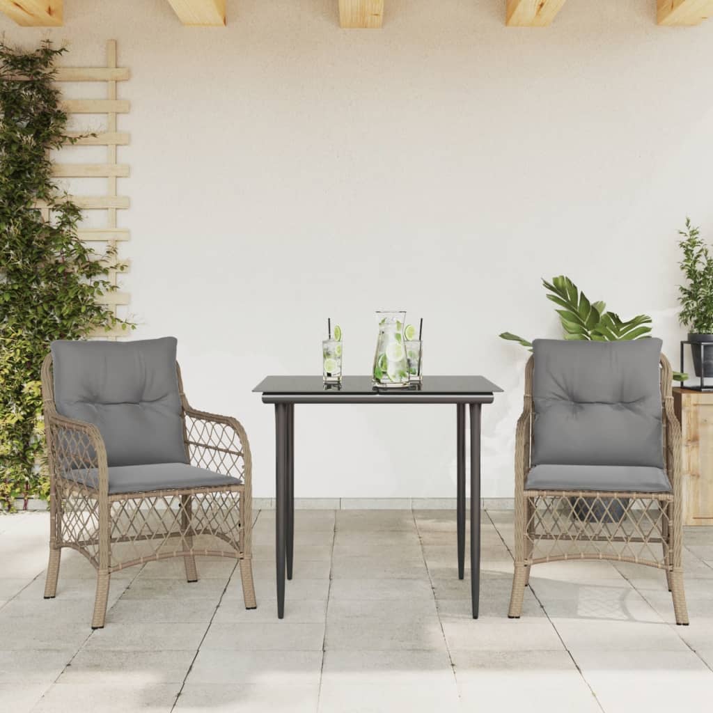 3 Pcs conjunto bistrô com almofadões vime PE bege misturado