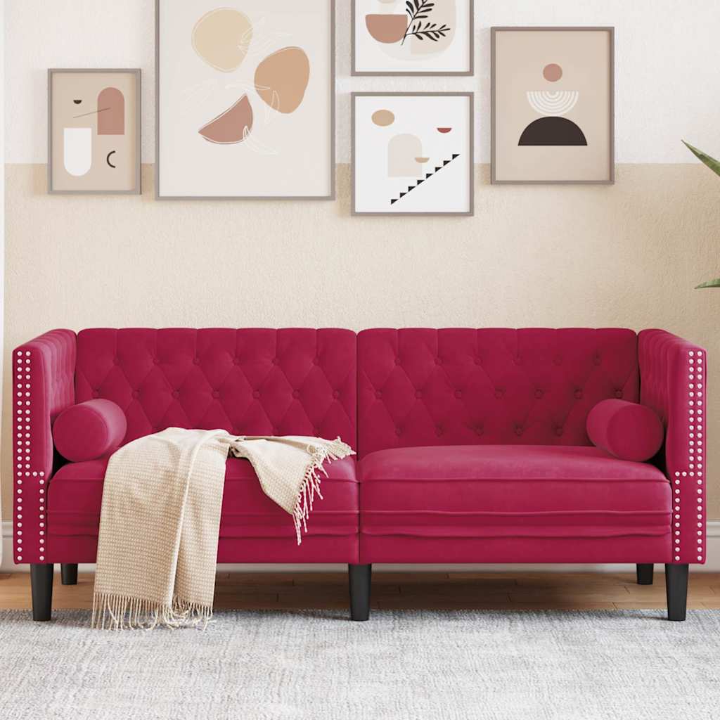 Sofá chesterfield com rolos 2 lugares veludo vermelho tinto