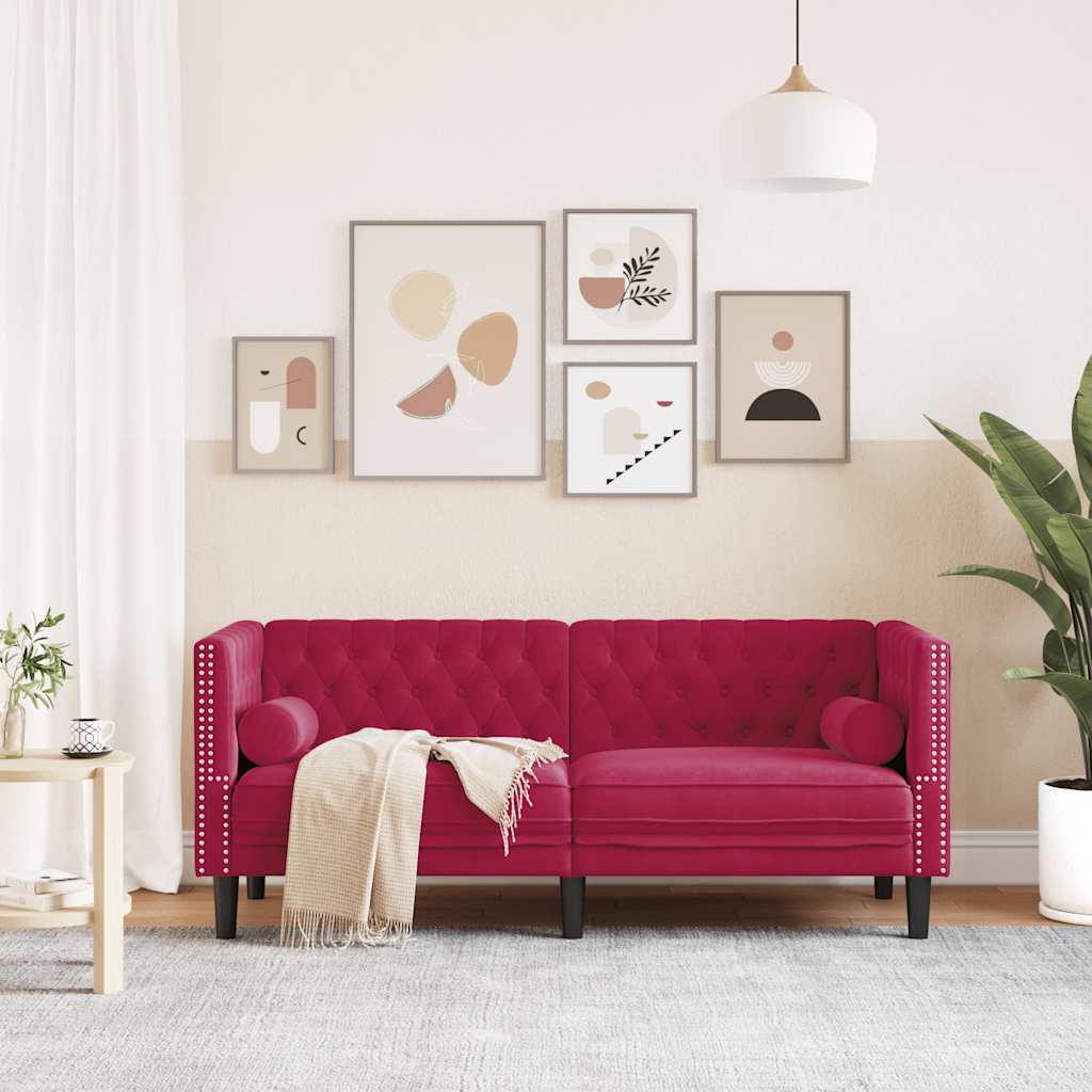 Sofá chesterfield com rolos 2 lugares veludo vermelho tinto