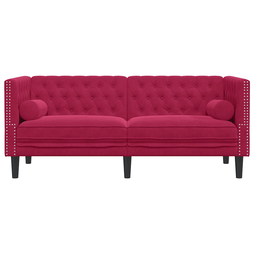 Sofá chesterfield com rolos 2 lugares veludo vermelho tinto