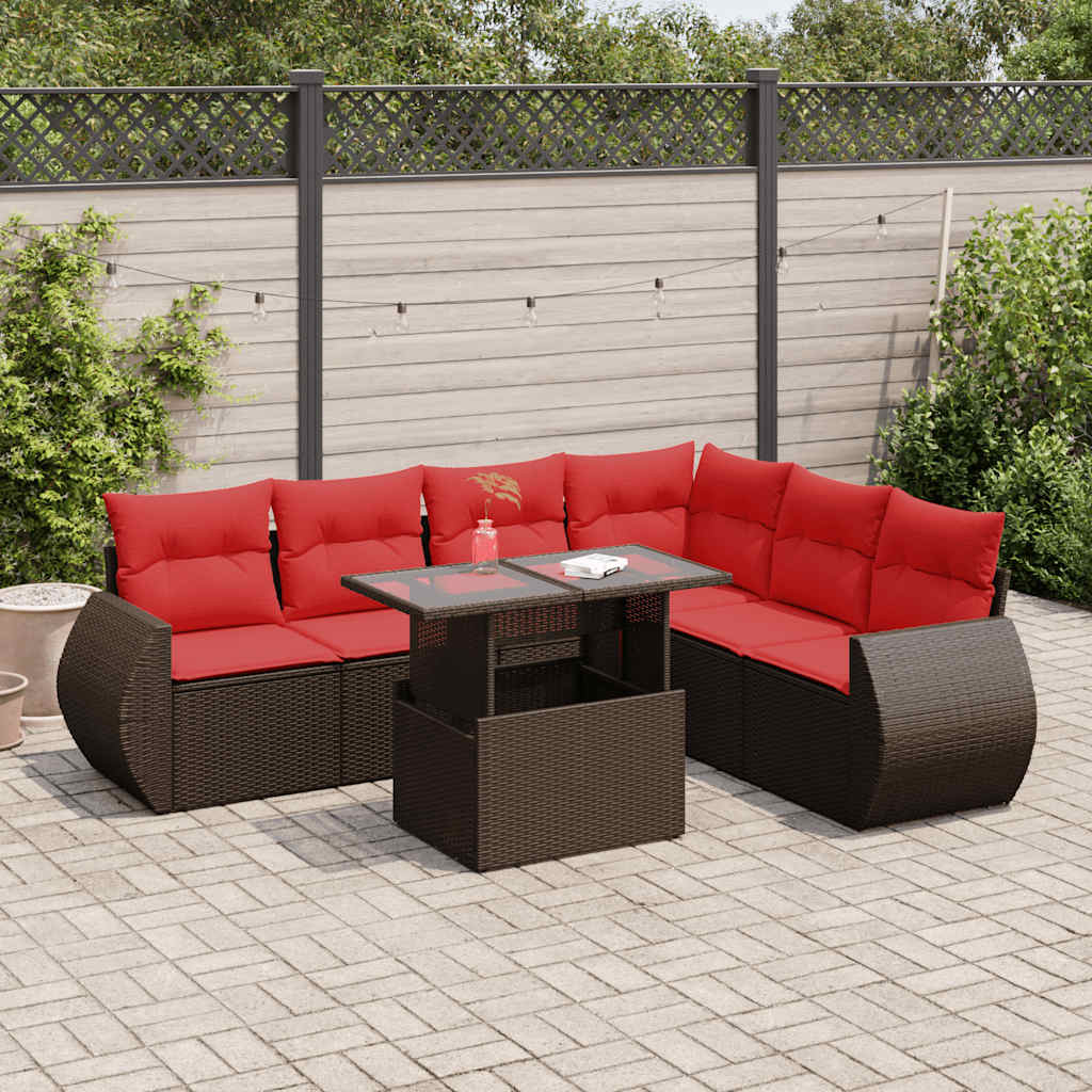 7 Pcs conj. sofás jardim c/ almofadões vime PE/acácia castanho