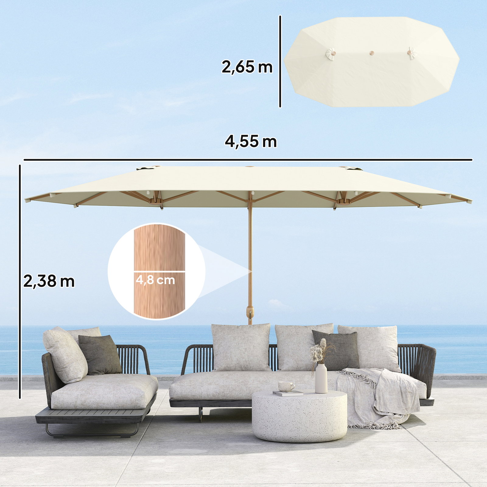 Chapéu de sol duplo 4,6x2,7 m, grande, com manivela manual, resistente à água e com proteção solar, bege