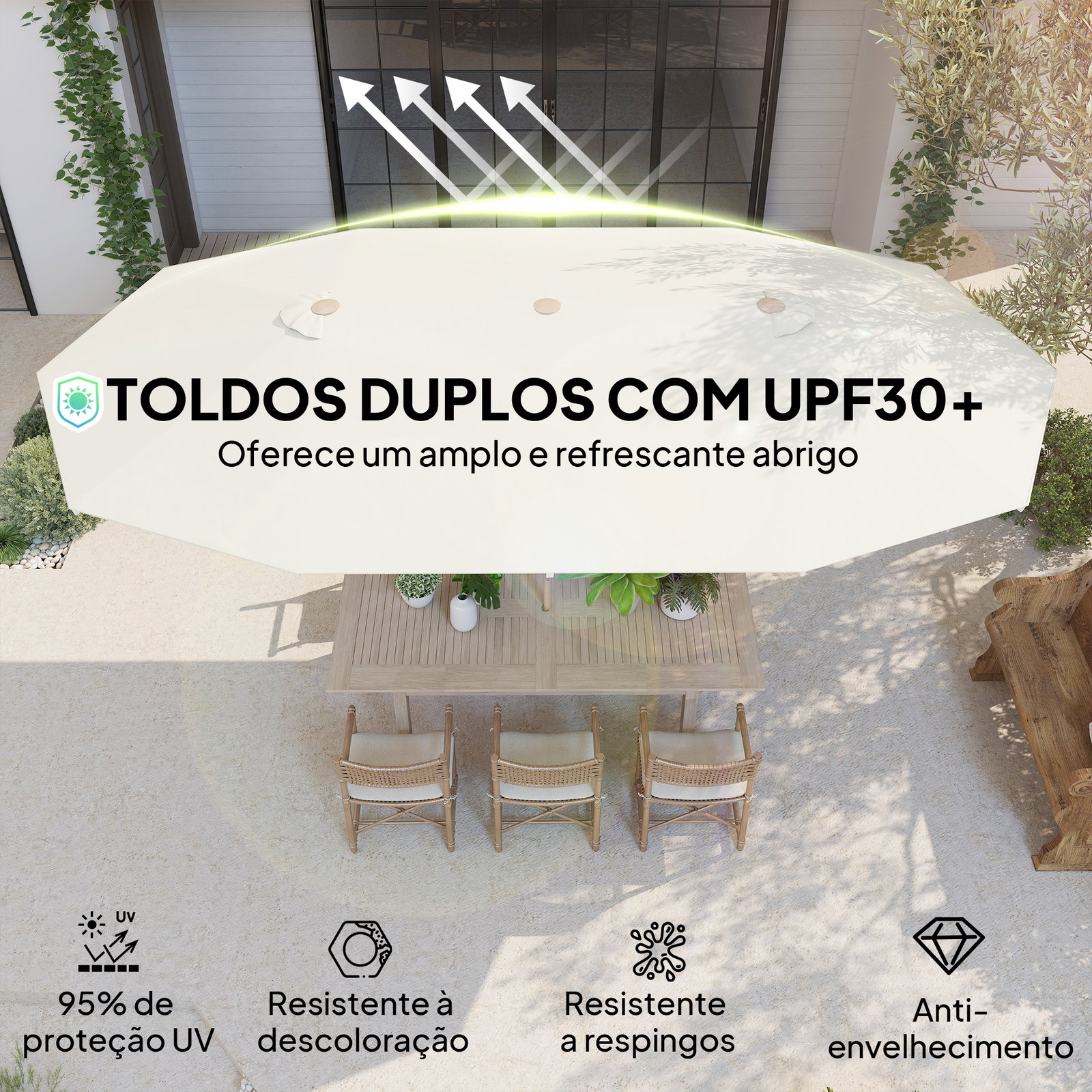 Chapéu de sol duplo 4,6x2,7 m, grande, com manivela manual, resistente à água e com proteção solar, bege