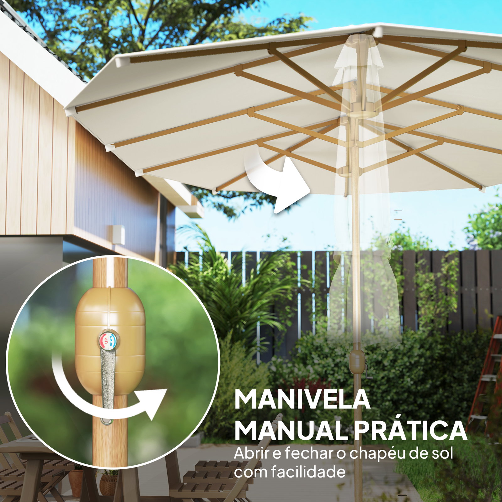 Chapéu de sol duplo 4,6x2,7 m, grande, com manivela manual, resistente à água e com proteção solar, bege