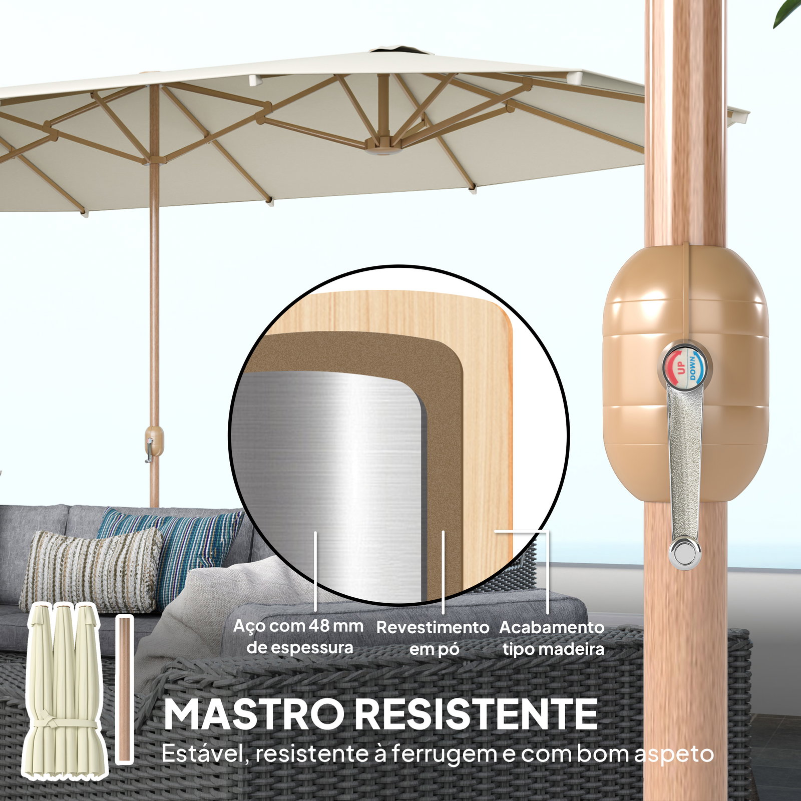 Chapéu de sol duplo 4,6x2,7 m, grande, com manivela manual, resistente à água e com proteção solar, bege