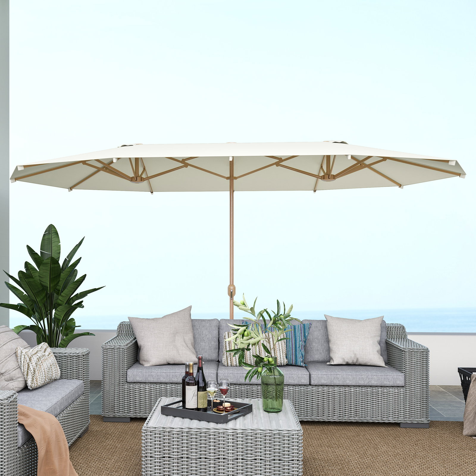 Chapéu de sol duplo 4,6x2,7 m, grande, com manivela manual, resistente à água e com proteção solar, bege