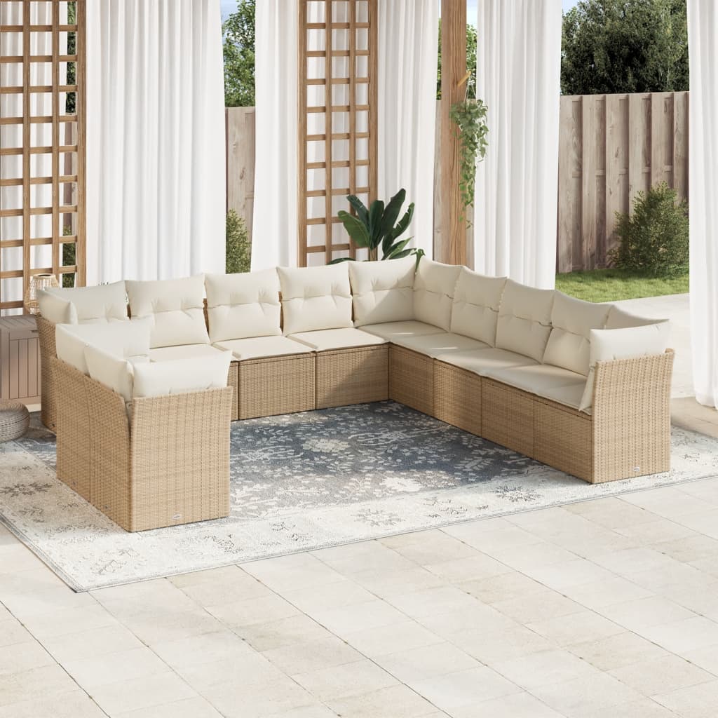 11 Pcs conjunto sofás de jardim c/ almofadões vime PE bege