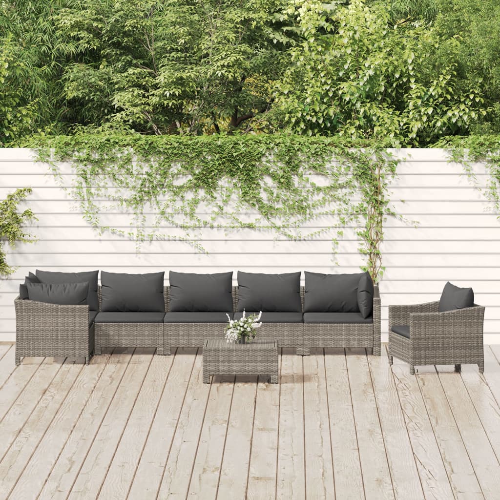 8 Pcs conjunto lounge de jardim c/ almofadões vime PE cinzento