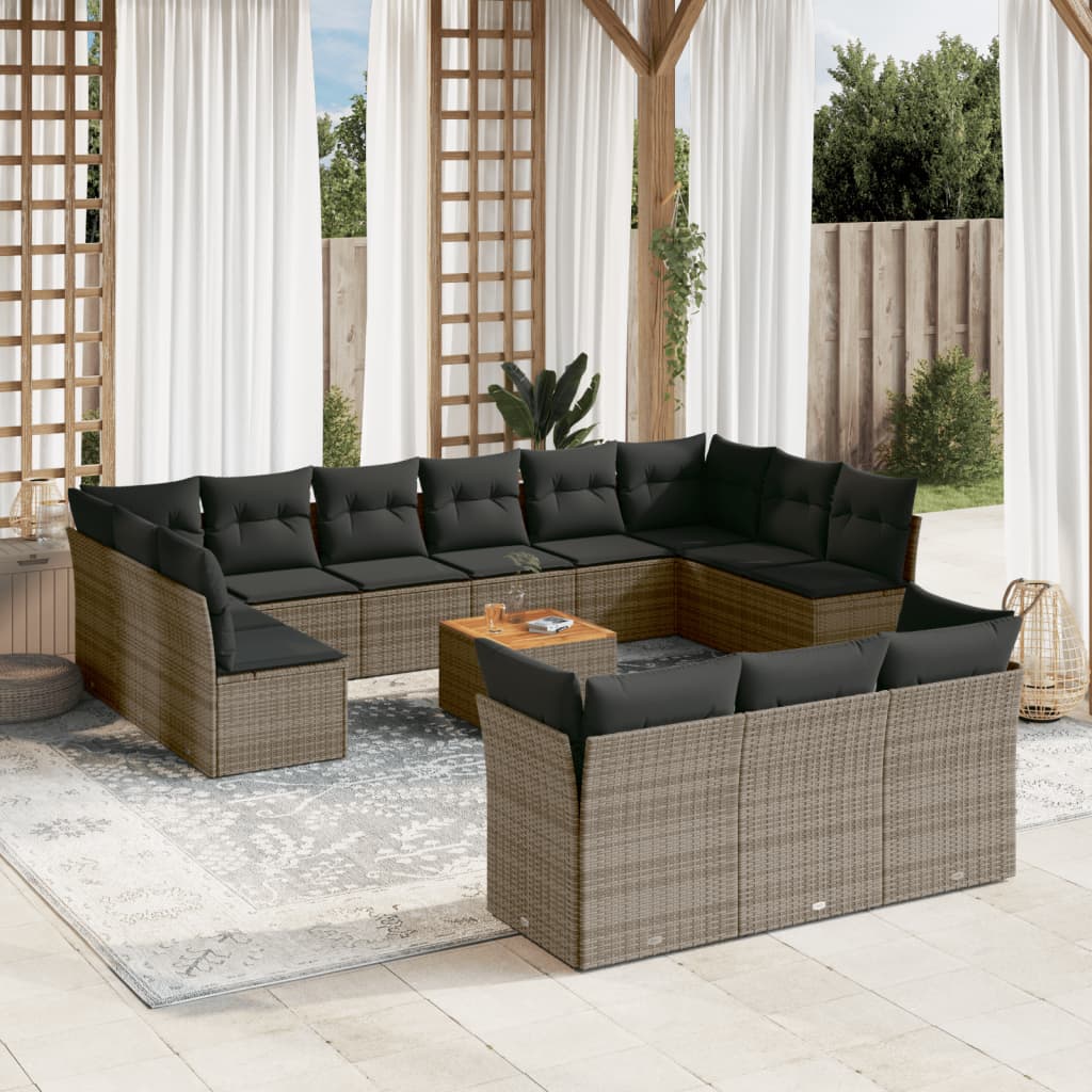 14 Pcs conjunto sofás p/ jardim c/ almofadões vime PE cinzento