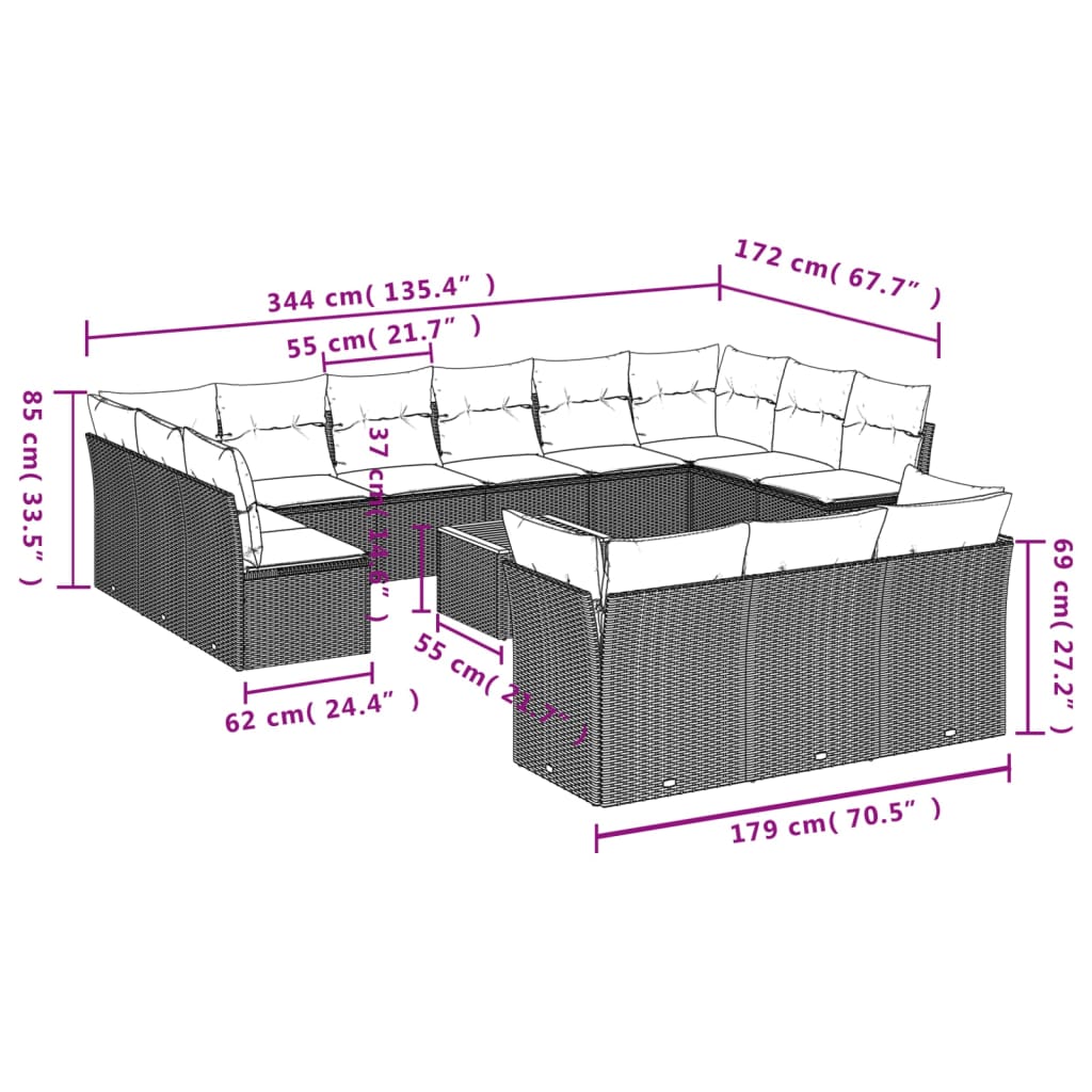 14 Pcs conjunto sofás p/ jardim c/ almofadões vime PE cinzento