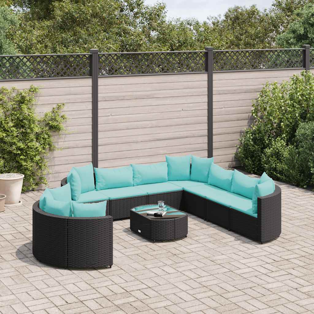 10 Pcs conjunto sofás de jardim c/ almofadões vime PE preto