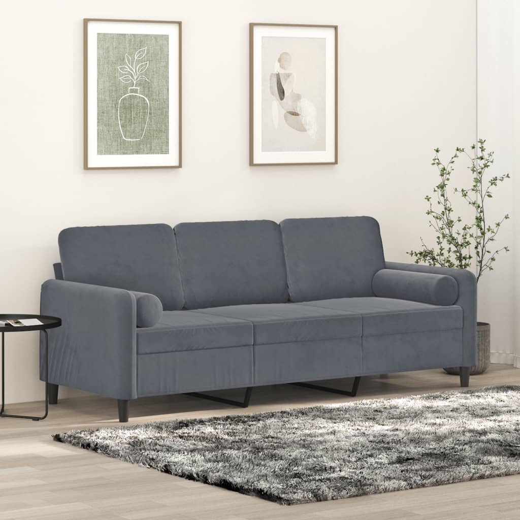 Sofá 3 lug. c/ almofadas decorativas 180 cm veludo cinza-escuro