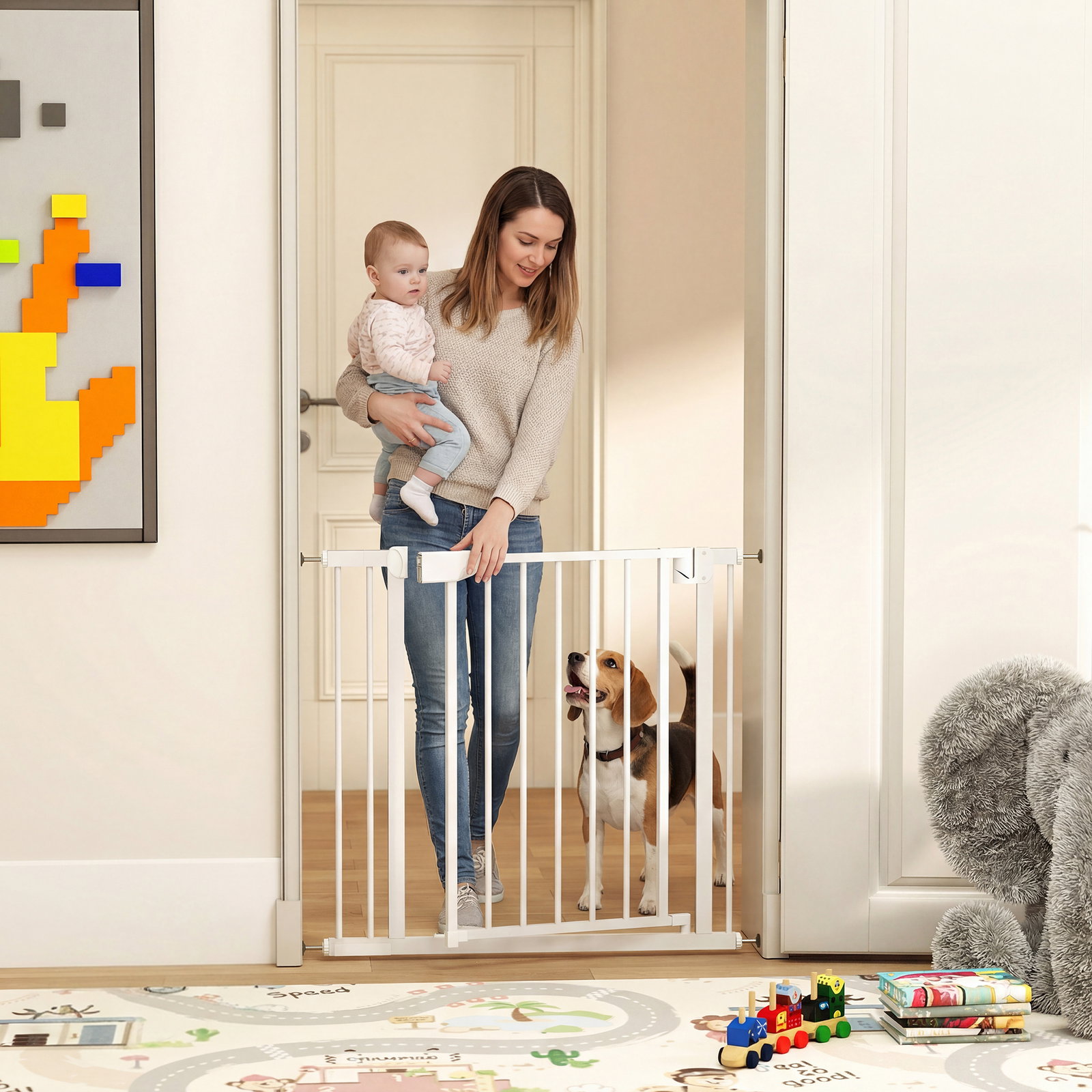 Barreira de segurança para crianças e cães largura 76-89 cm bloqueio duplo fecho automático abertura em dois sentidos e extensão de 7 cm branco