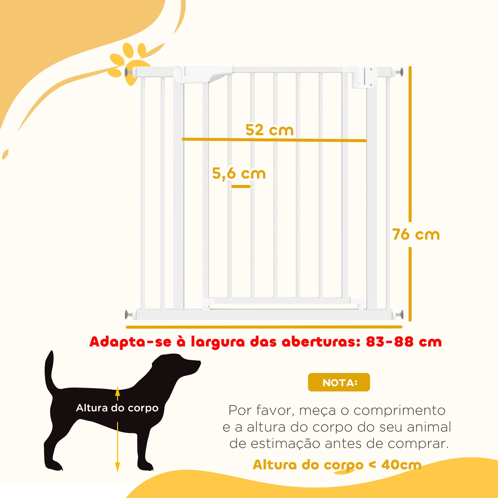 Barreira de segurança para crianças e cães largura 76-89 cm bloqueio duplo fecho automático abertura em dois sentidos e extensão de 7 cm branco