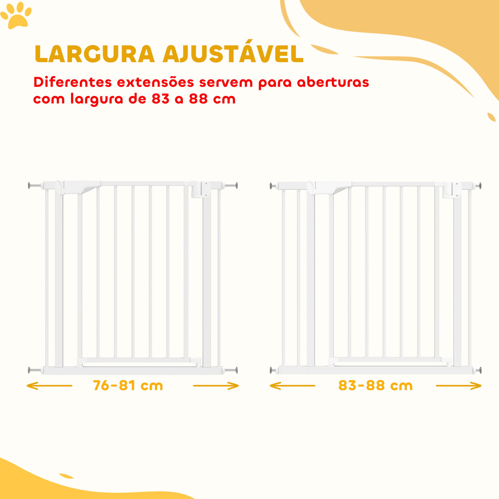 Barreira de segurança para crianças e cães largura 76-89 cm bloqueio duplo fecho automático abertura em dois sentidos e extensão de 7 cm branco