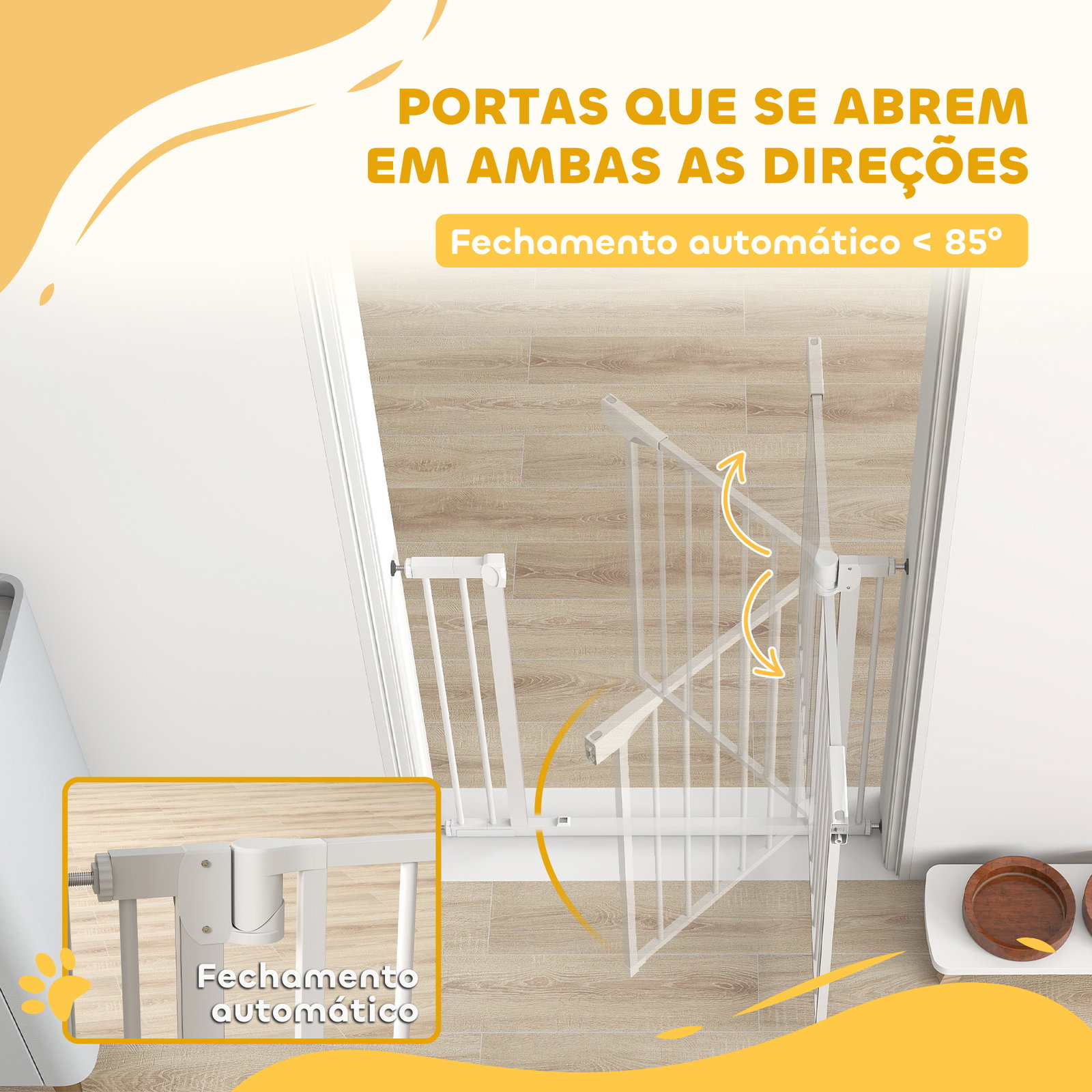 Barreira de segurança para crianças e cães largura 76-89 cm bloqueio duplo fecho automático abertura em dois sentidos e extensão de 7 cm branco