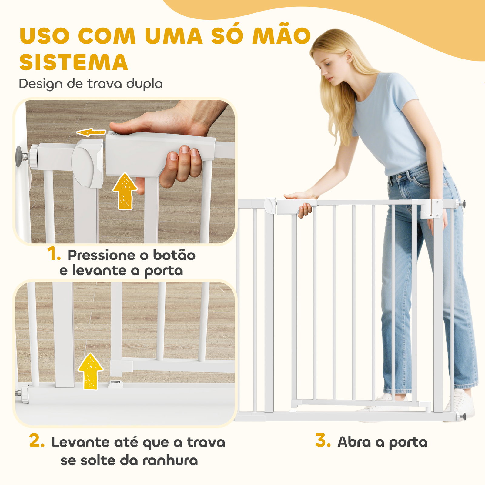 Barreira de segurança para crianças e cães largura 76-89 cm bloqueio duplo fecho automático abertura em dois sentidos e extensão de 7 cm branco