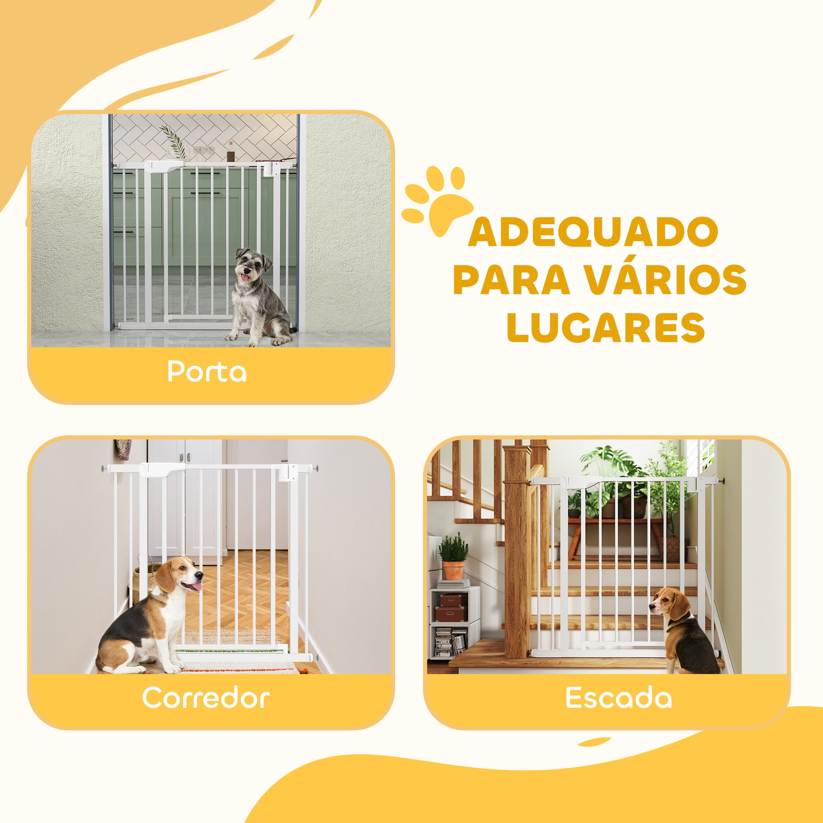 Barreira de segurança para crianças e cães largura 76-89 cm bloqueio duplo fecho automático abertura em dois sentidos e extensão de 7 cm branco