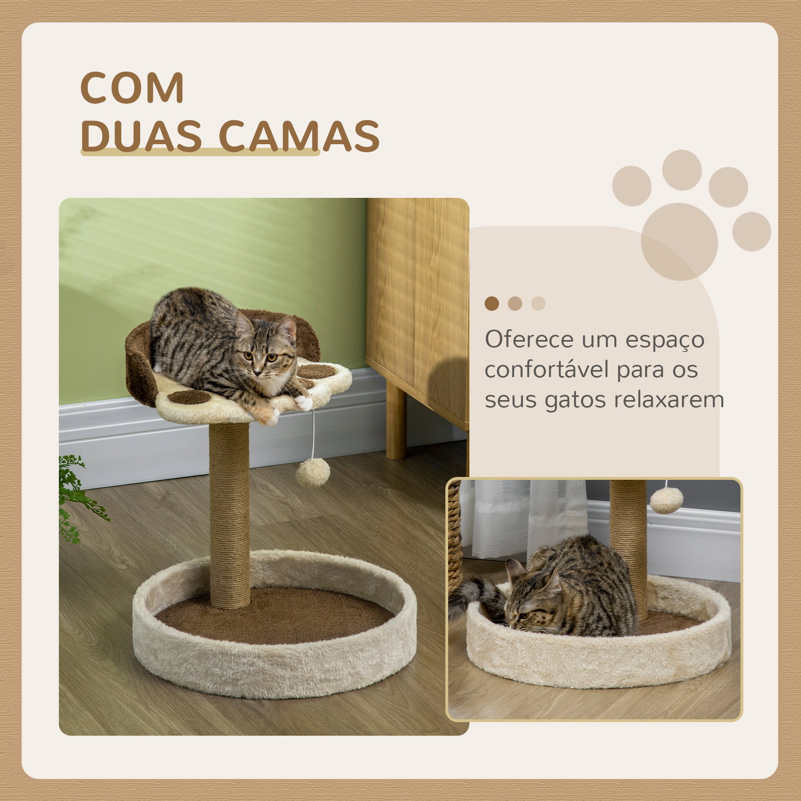 Arranhador para gato com 2 camas poste de juta brinquedo pendurado ø41x44 cm marrom