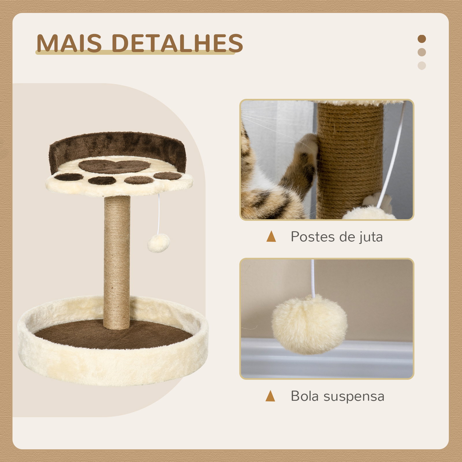 Arranhador para gato com 2 camas poste de juta brinquedo pendurado ø41x44 cm marrom