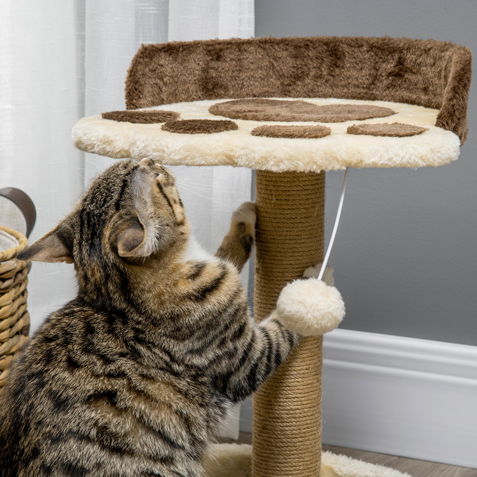 Arranhador para gato com 2 camas poste de juta brinquedo pendurado ø41x44 cm marrom