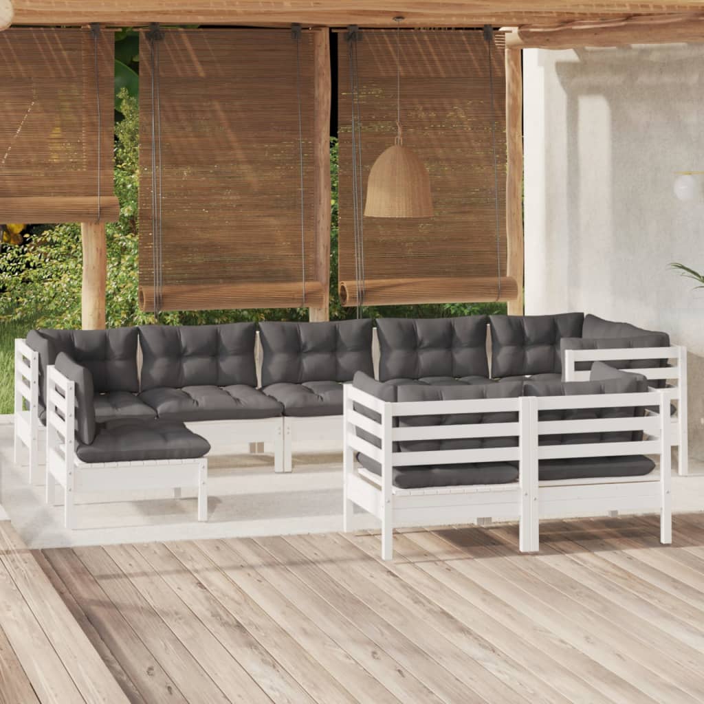 9 Pcs conj. lounge de jardim c/ almofadões pinho maciço branco