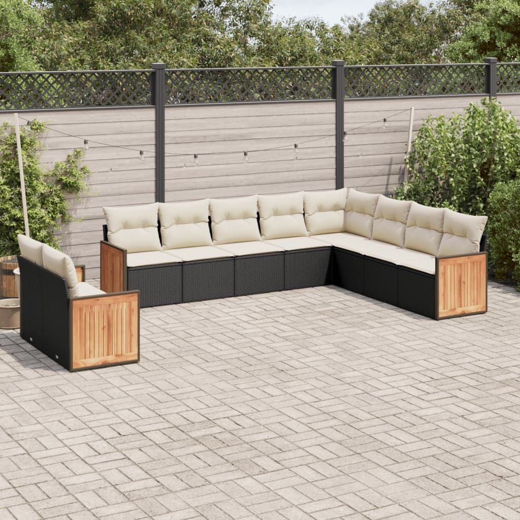 10 Pcs conjunto sofás de jardim c/ almofadões vime PE preto