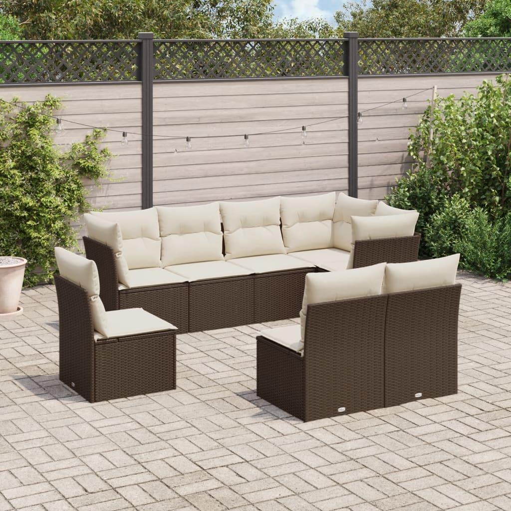 8 Pcs conjunto sofás de jardim c/ almofadões vime PE castanho
