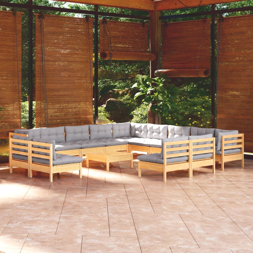 14 Pcs conj. lounge de jardim c/ almofadões cinza pinho maciço