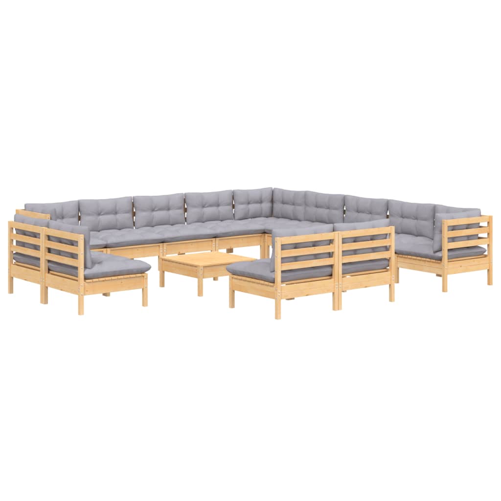 14 Pcs conj. lounge de jardim c/ almofadões cinza pinho maciço