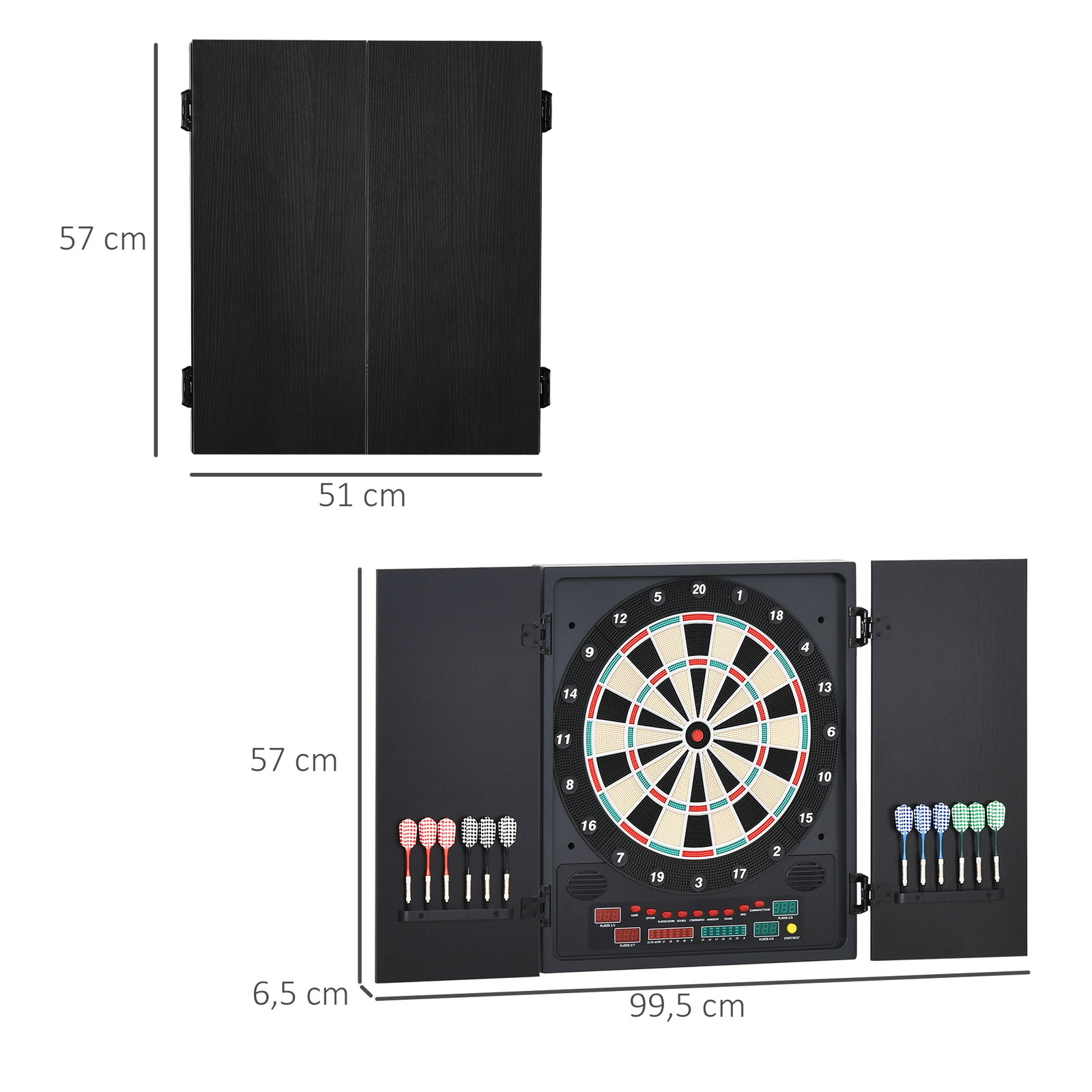 Alvo eletrônico digital para até 8 jogadores com 12 dardos e 30 pontas com portas de tela de LED 27 jogos diferentes 51x6,5x57 cm preto