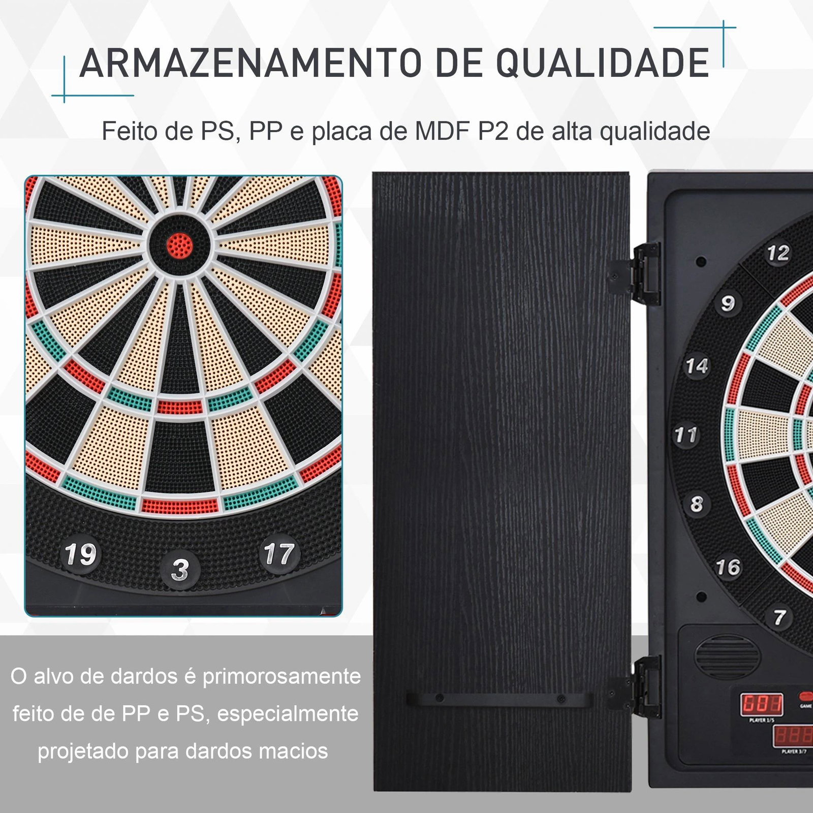 Alvo eletrônico digital para até 8 jogadores com 12 dardos e 30 pontas com portas de tela de LED 27 jogos diferentes 51x6,5x57 cm preto