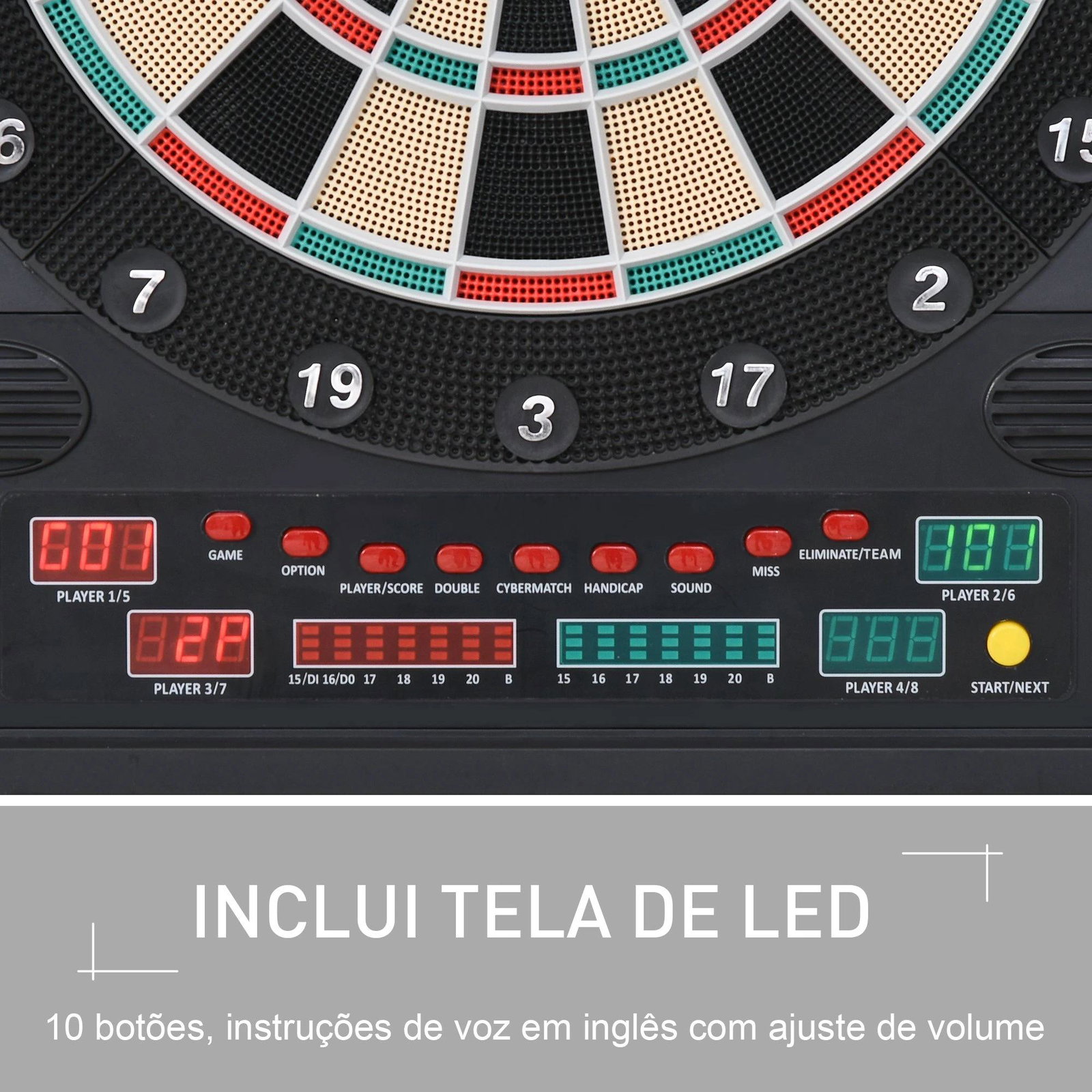 Alvo eletrônico digital para até 8 jogadores com 12 dardos e 30 pontas com portas de tela de LED 27 jogos diferentes 51x6,5x57 cm preto