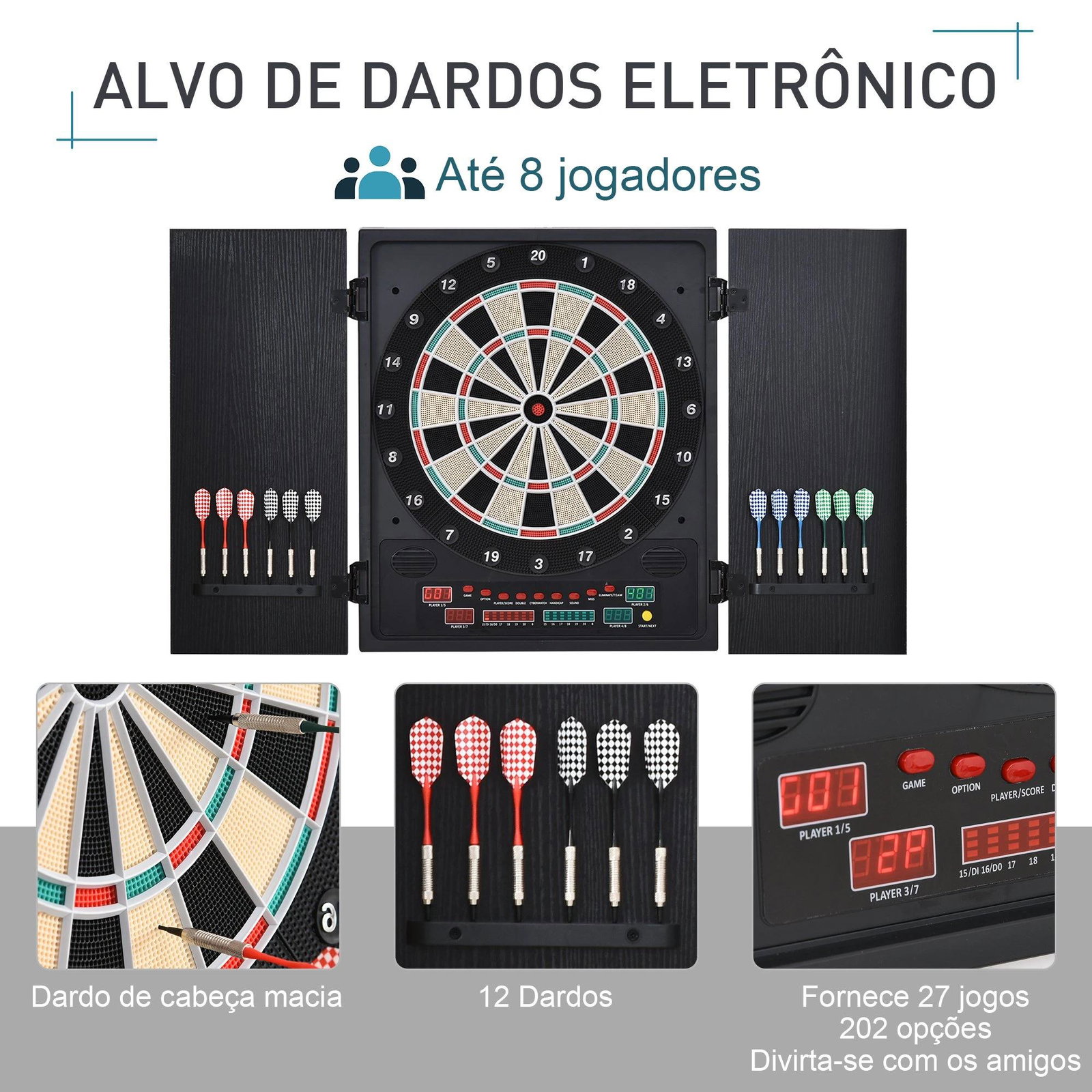 Alvo eletrônico digital para até 8 jogadores com 12 dardos e 30 pontas com portas de tela de LED 27 jogos diferentes 51x6,5x57 cm preto