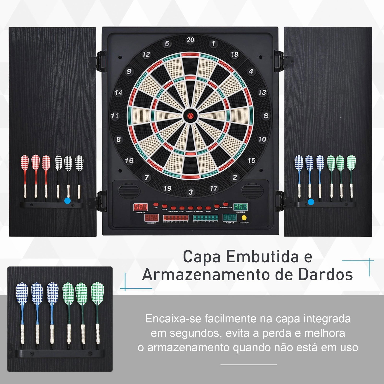 Alvo eletrônico digital para até 8 jogadores com 12 dardos e 30 pontas com portas de tela de LED 27 jogos diferentes 51x6,5x57 cm preto