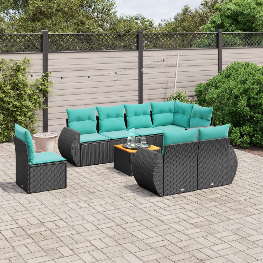 Conjunto de sofá de jardim de 9 peças com almofadas em rattan sintético preto