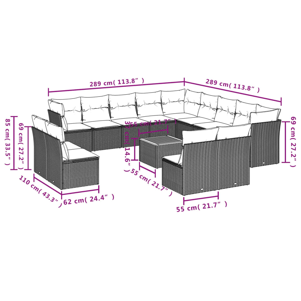 14 Pcs conjunto de sofás p/ jardim c/ almofadões vime PE preto