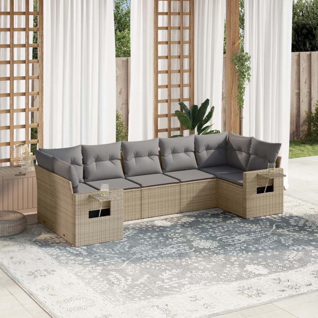 7 Pcs conjunto de sofás p/ jardim com almofadões vime PE bege