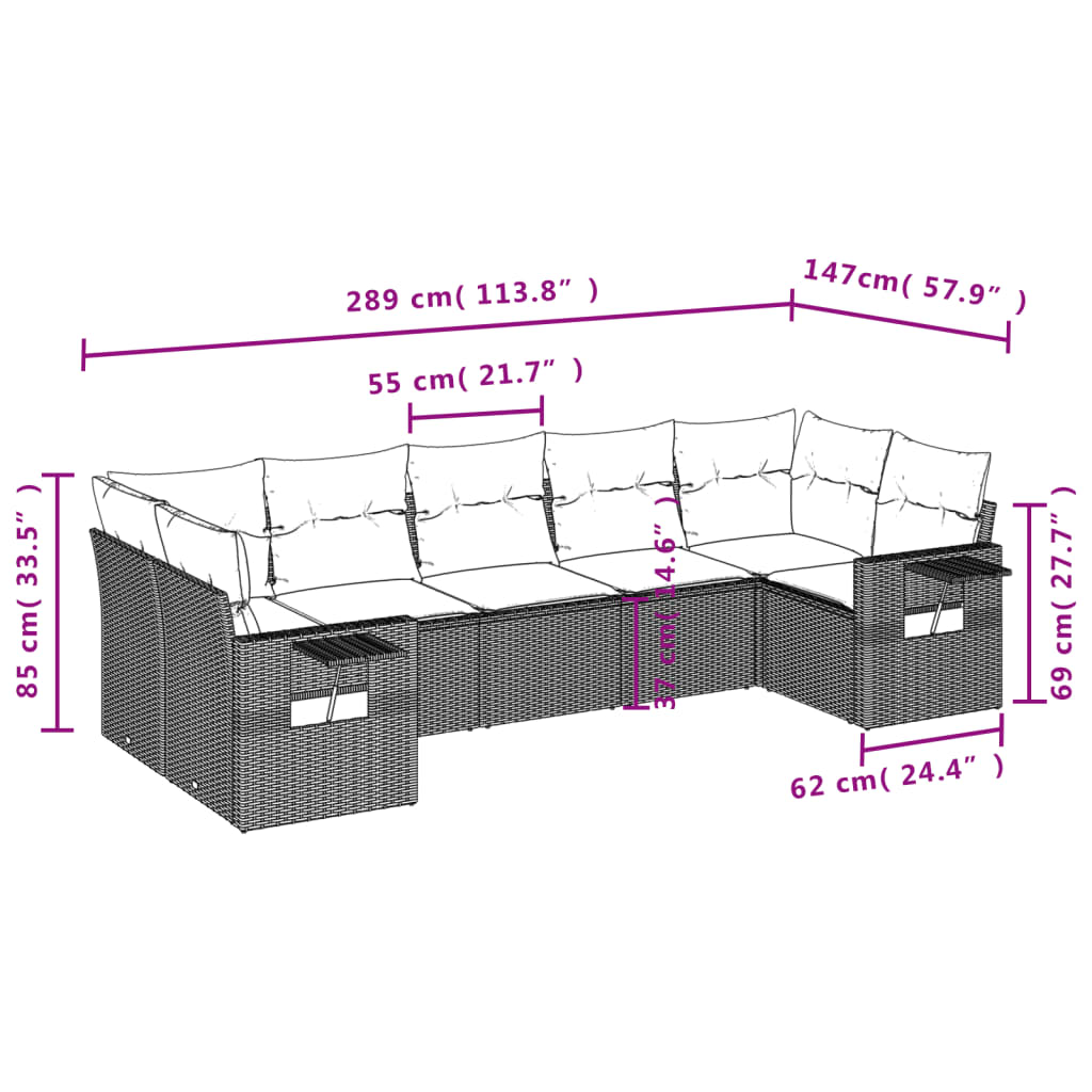 7 Pcs conjunto de sofás p/ jardim com almofadões vime PE bege