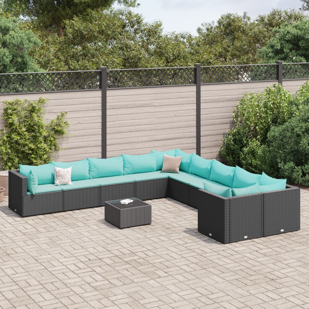 11 Pcs conjunto sofás de jardim c/ almofadões vime PE preto
