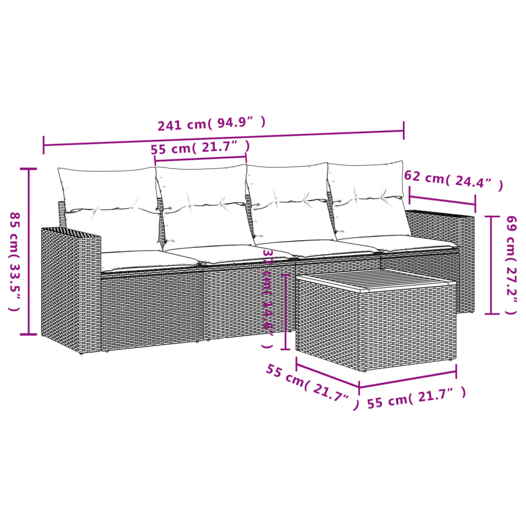 5 Pcs conjunto sofás de jardim com almofadões vime PE preto