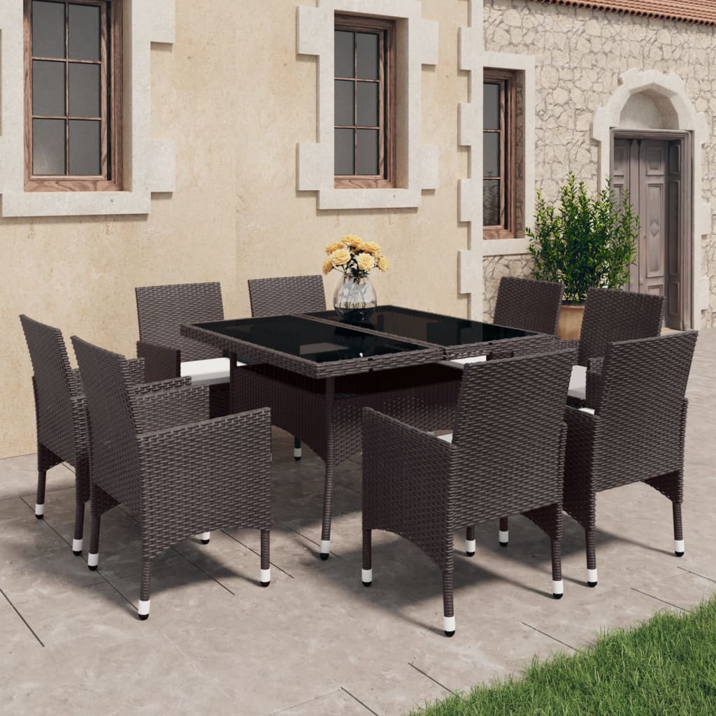 9 Pcs conjunto de jantar para jardim vidro e vime PE castanho