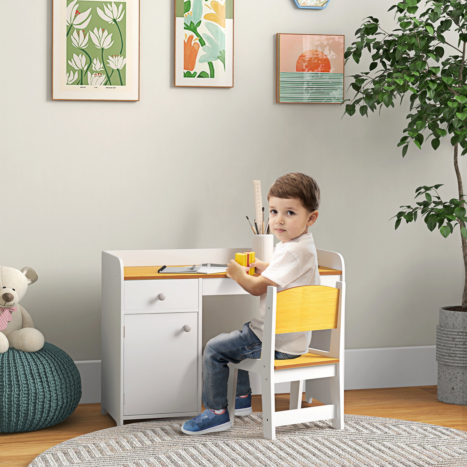 Conjunto de secretária e cadeira para crianças conjunto infantil de 2 peças com gaveta e armário para quarto branco e natural