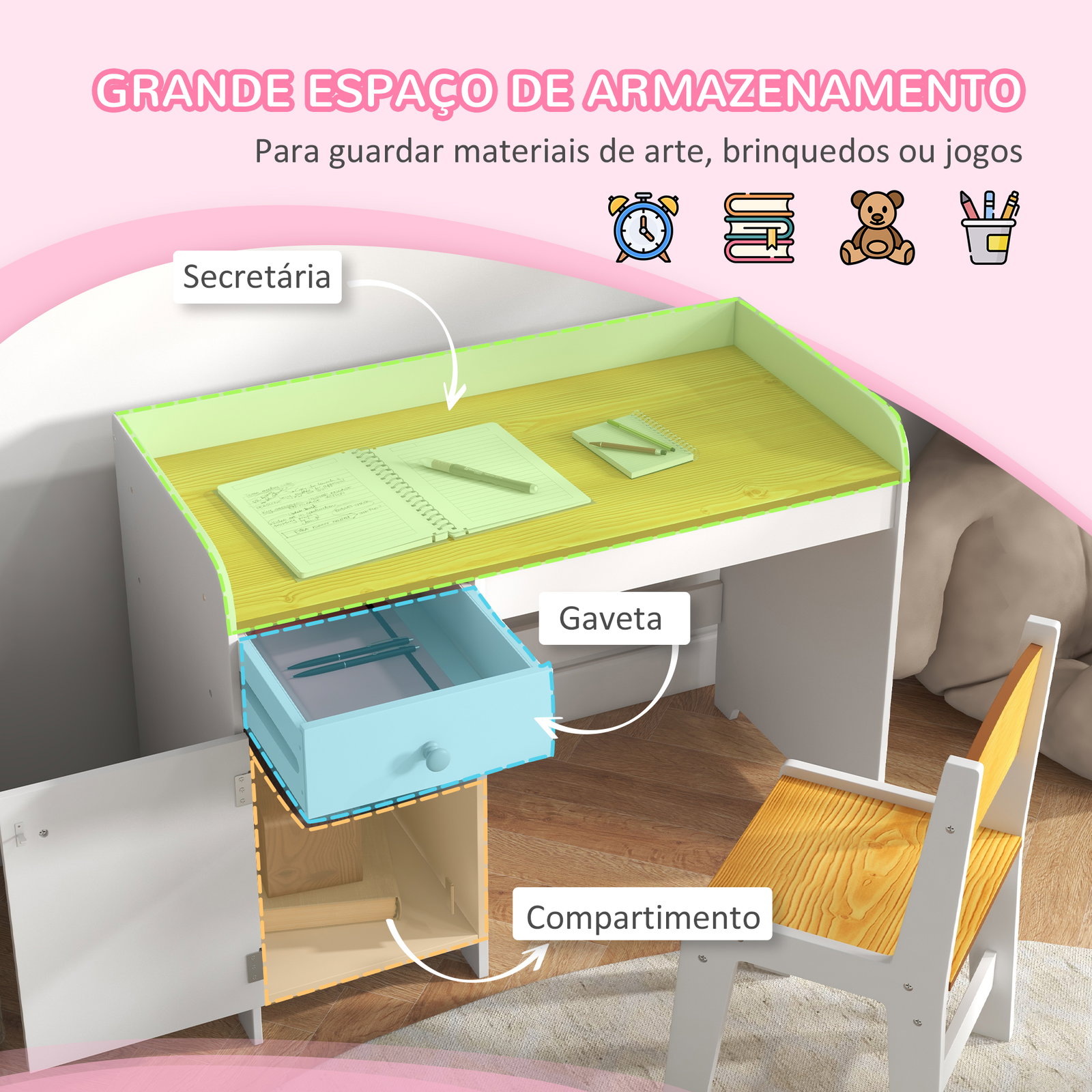 Conjunto de secretária e cadeira para crianças conjunto infantil de 2 peças com gaveta e armário para quarto branco e natural