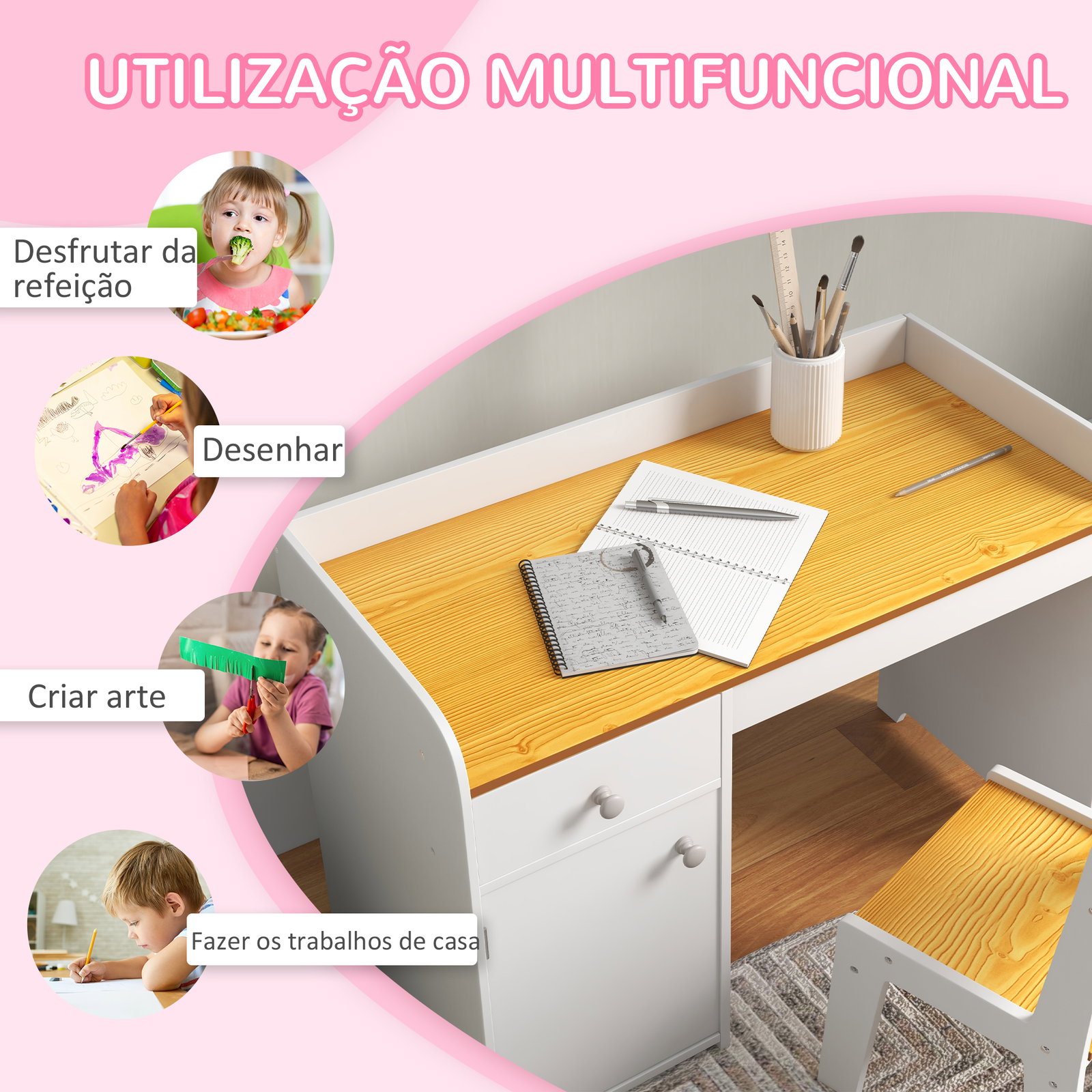 Conjunto de secretária e cadeira para crianças conjunto infantil de 2 peças com gaveta e armário para quarto branco e natural