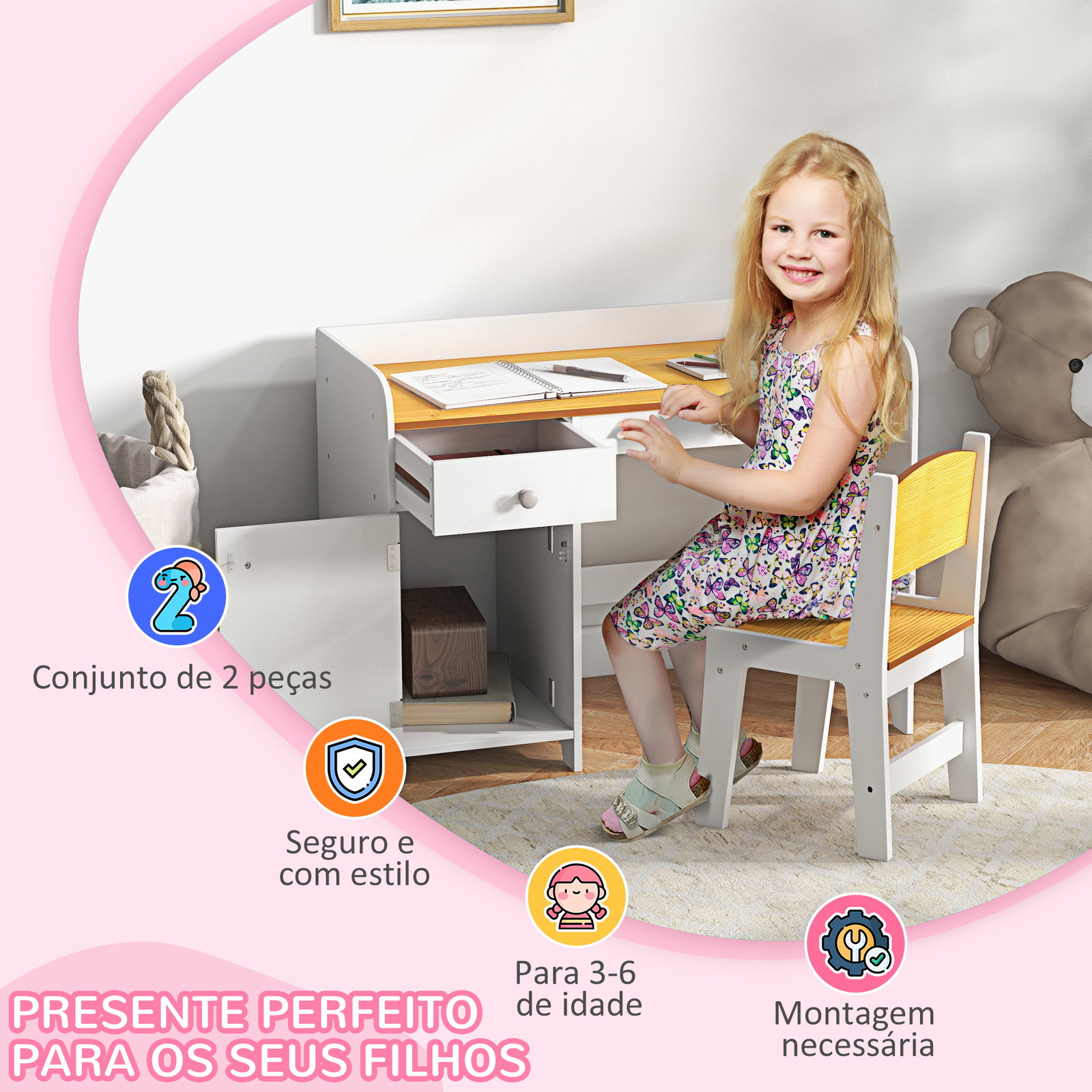 Conjunto de secretária e cadeira para crianças conjunto infantil de 2 peças com gaveta e armário para quarto branco e natural