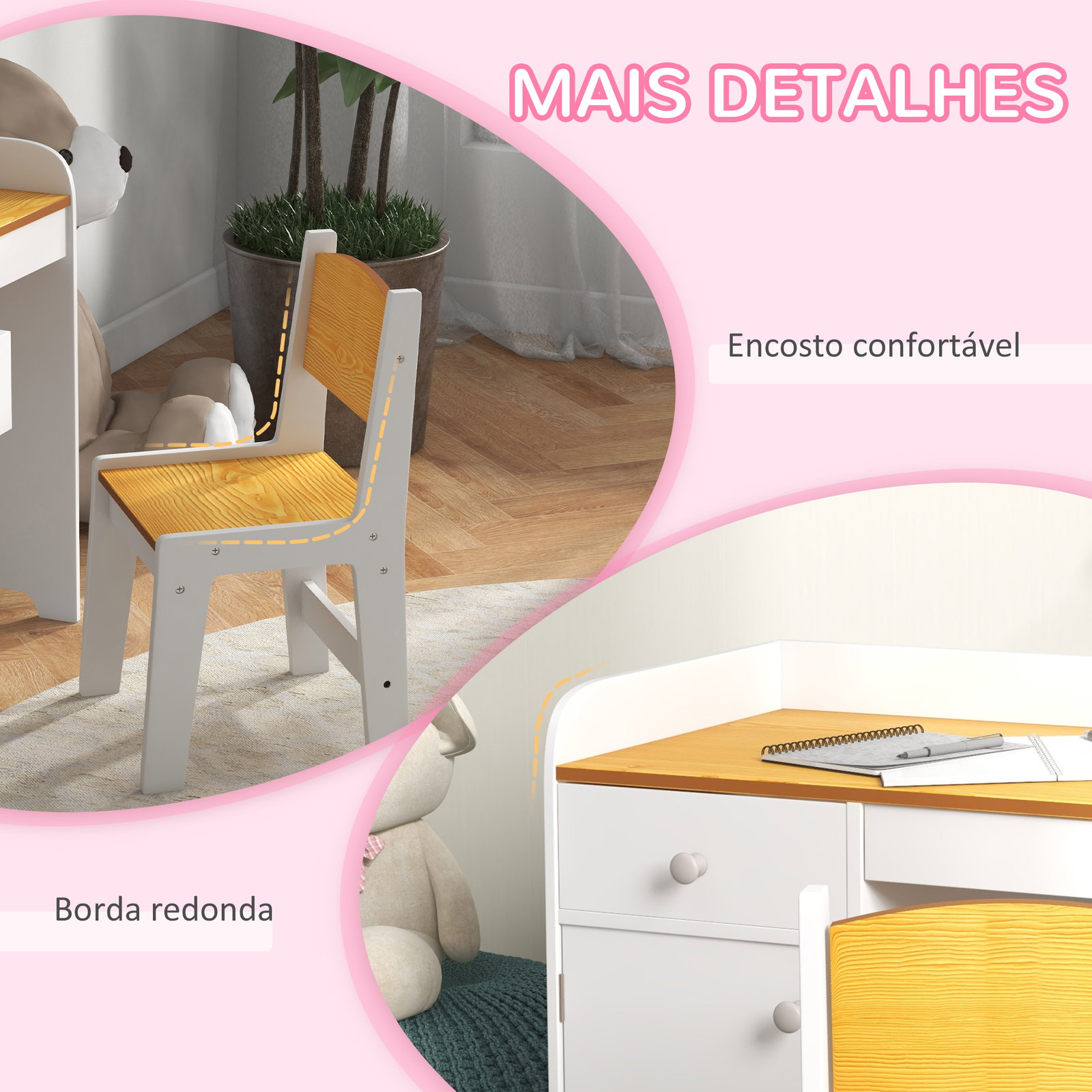 Conjunto de secretária e cadeira para crianças conjunto infantil de 2 peças com gaveta e armário para quarto branco e natural