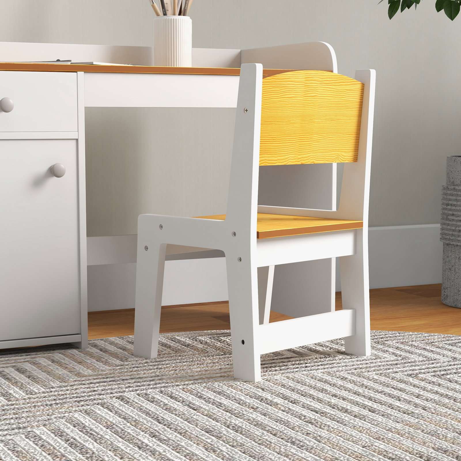 Conjunto de secretária e cadeira para crianças conjunto infantil de 2 peças com gaveta e armário para quarto branco e natural